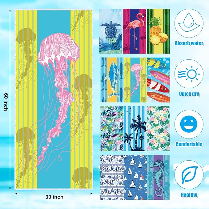 12 Pcs Oversized Microfiber Beach Towels Set 30 x 60 Extra Large Fiber Swim Pool Towel Absorbent Bath Blanket for Travel Vacation Accessories Gift Spa Soft Lightweight (Summer)