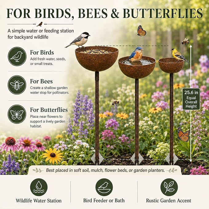 3 Pack Rustic Metal Bird Bath Stake Set for Outdoors, Garden Bird Bath Bowls with Ground Stakes, Bird Feeder Rain Catcher Wildlife Water Station for Birds, Bees & Butterflies
