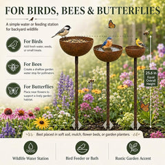 3 Pack Rustic Metal Bird Bath Stake Set for Outdoors, Garden Bird Bath Bowls with Ground Stakes, Bird Feeder Rain Catcher Wildlife Water Station for Birds, Bees & Butterflies