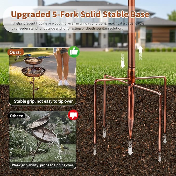 2-in-1 Tall Bird Bath and Feeder for Outdoors, 47" Adjustable Metal Standing Birdfeeder with 5-Prong Base, Antique Copper Finish Rustproof Water Bowl & Seed Tray Station for Garden Yard Patio Decor
