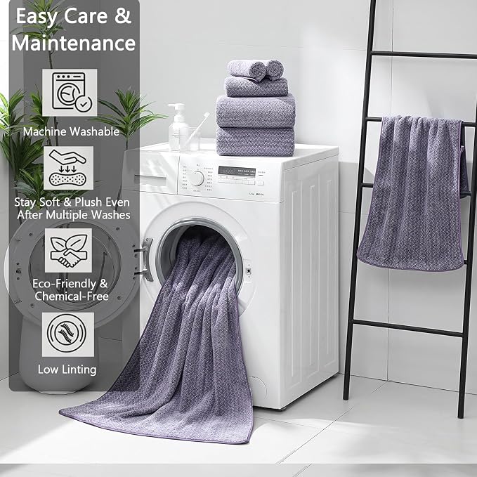 18 Piece Bath Towels Set,100% Microfiber Family Bathroom Towel with Hanging Loops-6 Bath Towels,6 Hand Towels,6 Washcloths,Quick Dry Highly Absorbent Shower Towel for Bathroom,Hotel,Spa-Dark Purple