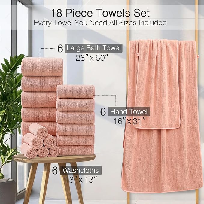 18 Piece Family Bath Towel Set Include 6 Bath Towels,6 Hand Towels and 6 Washcloths Soft Bathroom Towel with Hanging Loops,Highly Absorbent Quick Dry Towels Set for Bathroom,Hotel and Spa-Orange