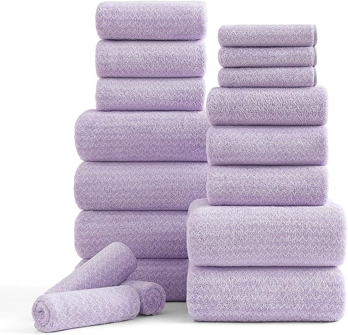 18 Piece Bath Towels Set,100% Microfiber Family Bathroom Towel with Hanging Loops-6 Bath Towels,6 Hand Towels,6 Washcloths,Quick Dry Highly Absorbent Shower Towel for Bathroom,Hotel,Spa-Light Purple