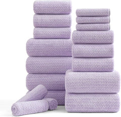 18 Piece Bath Towels Set,100% Microfiber Family Bathroom Towel with Hanging Loops-6 Bath Towels,6 Hand Towels,6 Washcloths,Quick Dry Highly Absorbent Shower Towel for Bathroom,Hotel,Spa-Light Purple