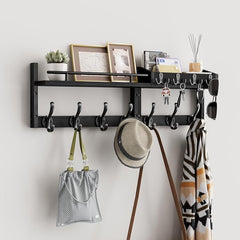 29 inch Coat Rack Wall Mount with Shelf, Heavy Duty Coat Hooks Wall Mount, Entryway Coat Hanger Wall Shelf with Key Holders and Mail Organizer for Living Room, Bedroom, Bathroom, Black