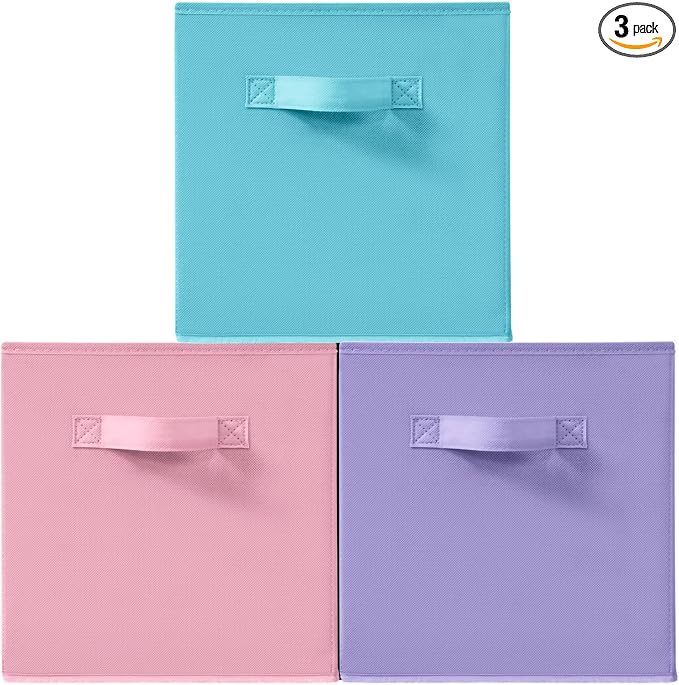 11 Inch Fabric Storage Cubes, Sturdy Foldable Storage Bins, Heavy Duty Cube Organizer for Clothes, Blankets, Shelves, Closets, Bedroom, Living Room, Multi-Color, 3 Pack