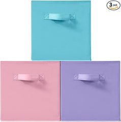 11 Inch Fabric Storage Cubes, Sturdy Foldable Storage Bins, Heavy Duty Cube Organizer for Clothes, Blankets, Shelves, Closets, Bedroom, Living Room, Multi-Color, 3 Pack