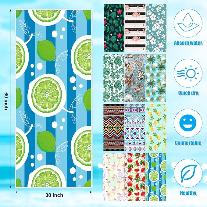 12 Pcs Oversized Microfiber Beach Towels Set 30 x 60 Extra Large Fiber Swim Pool Towel Absorbent Bath Blanket for Travel Vacation Accessories Gift Spa Soft Lightweight(Hawaii)