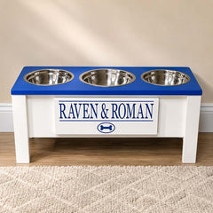 3 Bowl Dog Feeding Station, Personalized Triple Bowl Food Stand Large Dogs | Farmhouse Style, Elevated Wood Stand, Storage Container, Stainless Steel Bowls, Raised Feeder, Large Breed, Made in USA