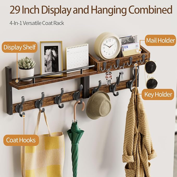 29 inch Coat Rack Wall Mount with Shelf, Entryway Wall Shelf with Hooks, Heavy Duty Coat Hanger Wall Mount with Key Holders and Mail Organizer for Living Room, Bedroom, Black & Brown