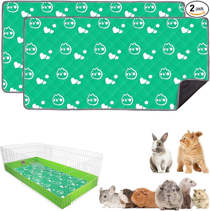 2 Pack Guinea Pig Bedding - Washable Guinea Pig Liner for Midwest Cage, Waterproof Reusable & Anti Slip Pee Pads Super Absorbent Mats for Small Animals Rabbit Hamster Rat (Green, 48 x 24 Inch)