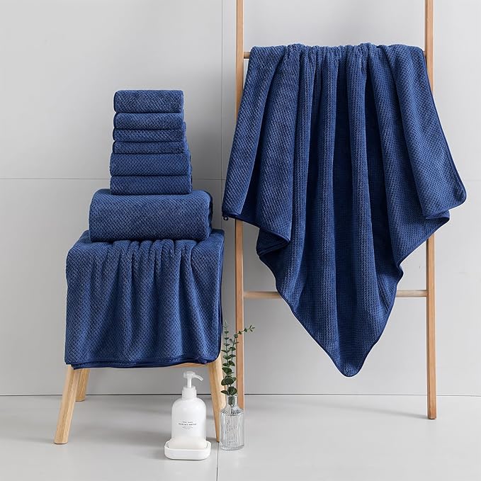 18 Piece Microfiber Bath Towels Set - 6 Bath Sheets,6 Hand Towels And 6 Washcloths,Soft Family Towels,Highly Absorbent Bathroom Towel,Quick Dry Shower Towel Luxury Towels For Hotel Spa Dorm-Navy Blue
