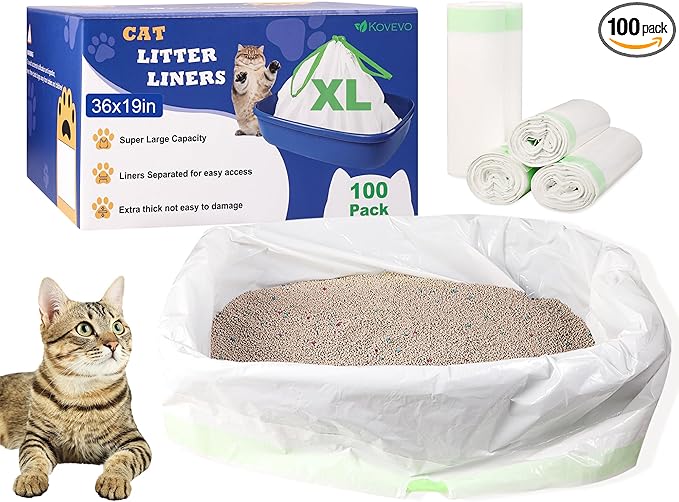 100 PCS Jumbo Cat Litter Box Liners for Large Litter Tray, 36"x19" | 3MIL Extra Thick, Heavy Duty, Tear & Leak Resistant, Drawstring Close
