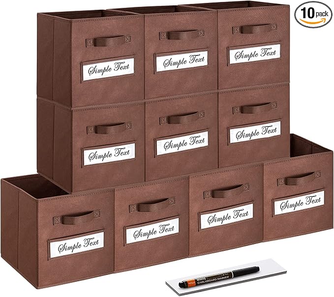 11 Inch Storage Cube,Storage bin,cube storage (Set of 10) Foldable Fabric Cube Storage Bins with 10 Labels Window Cards & a Pen,Baskets Containers for Shelves,Closet Organizers Box,Brown