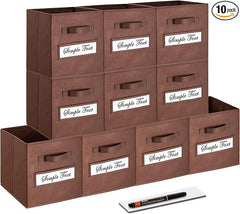 11 Inch Storage Cube,Storage bin,cube storage (Set of 10) Foldable Fabric Cube Storage Bins with 10 Labels Window Cards & a Pen,Baskets Containers for Shelves,Closet Organizers Box,Brown