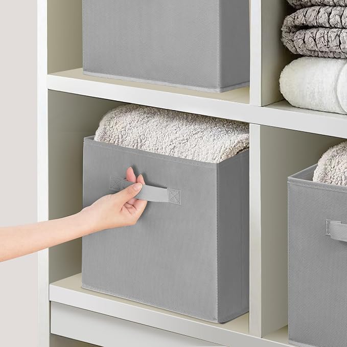 11 Inch Fabric Storage Cubes, Sturdy Foldable Storage Bins, Heavy Duty Cube Organizer for Clothes, Blankets, Shelves, Closets, Bedroom, Living Room, Gray, 6 Pack