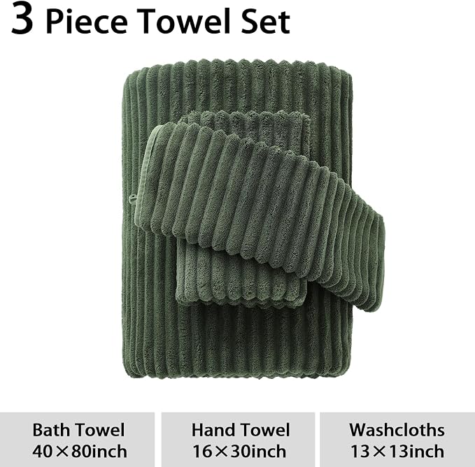 3 Pack Bath Towel Set, 40"x80" Oversized Bath Sheet, Olive Green | Ultra Soft Microfiber, Lint Free, Quick Dry, Highly Absorbent, Full Body Coverage, 1 Bath Sheet, 1 Hand Towel, 1 Washcloth