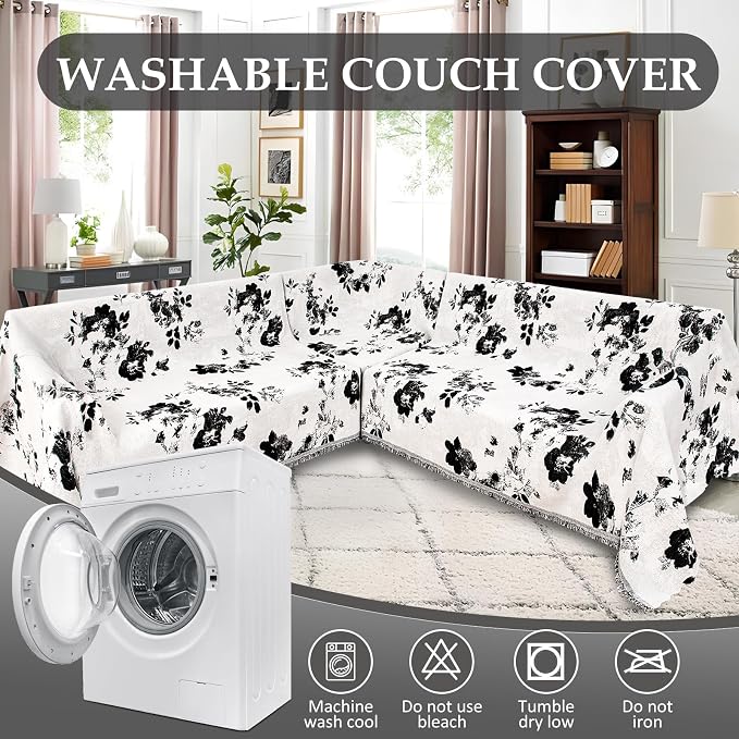 1OO% Waterproof Sectional Couch Covers for Dogs L Shaped Corner Sofa Cover Washable Chenille Sofa Slipcovers Blanket Modern Jacquard Pet Furniture Protector (91"x252", Black Flower)