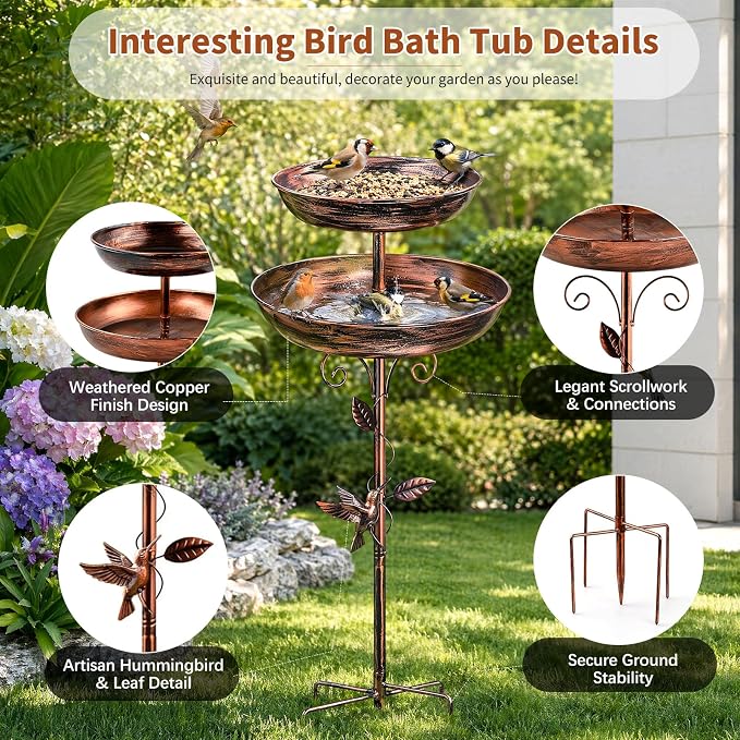 2-in-1 Tall Bird Bath and Feeder for Outdoors, 47" Adjustable Metal Standing Birdfeeder with 5-Prong Base, Antique Copper Finish Rustproof Water Bowl & Seed Tray Station for Garden Yard Patio Decor
