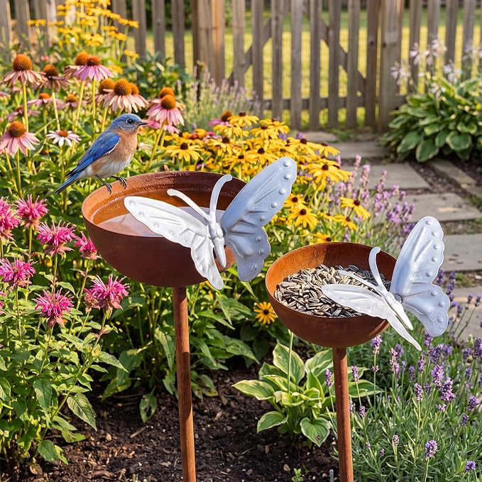 2 Pack Rusty Rain Catcher Garden Stake - Adjustable Metal Bird Feeder and Bath Bowl, Butterfly Style Vintage Outdoor Decor for Lawn Yard, Attracts Birds and Beneficial Insects