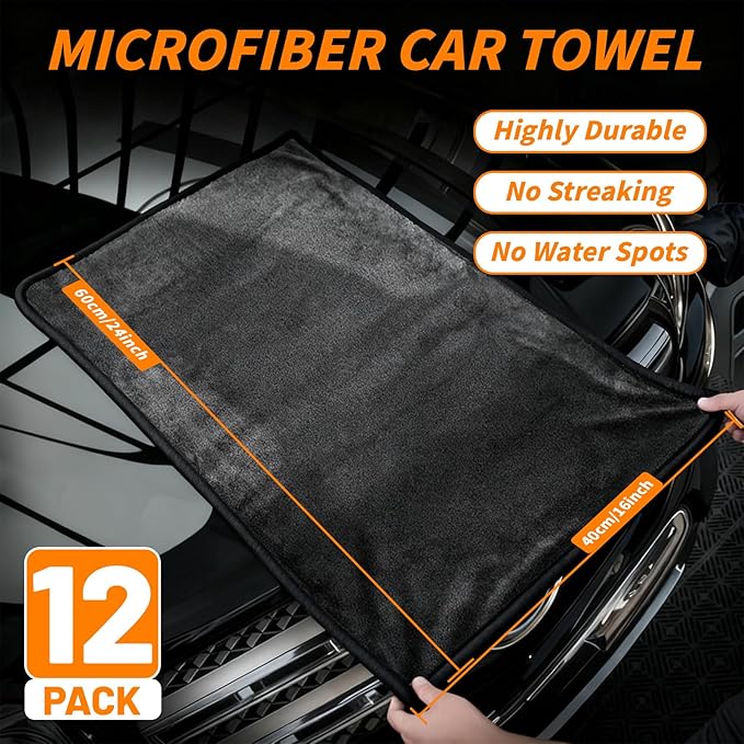 12 Pack Microfiber Car Towels, 24" x 16" Microfiber Cleaning Cloths 600 GSM | Thick Soft, Highly Absorbent, Quick Drying, Scratch-Free Detailing, Buffing, Polishing, Waxing for Cars Truck SUV RV Boat