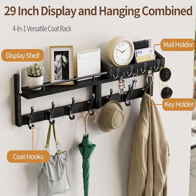 29 inch Coat Rack Wall Mount with Shelf, Heavy Duty Coat Hooks Wall Mount, Entryway Coat Hanger Wall Shelf with Key Holders and Mail Organizer for Living Room, Bedroom, Bathroom, Black