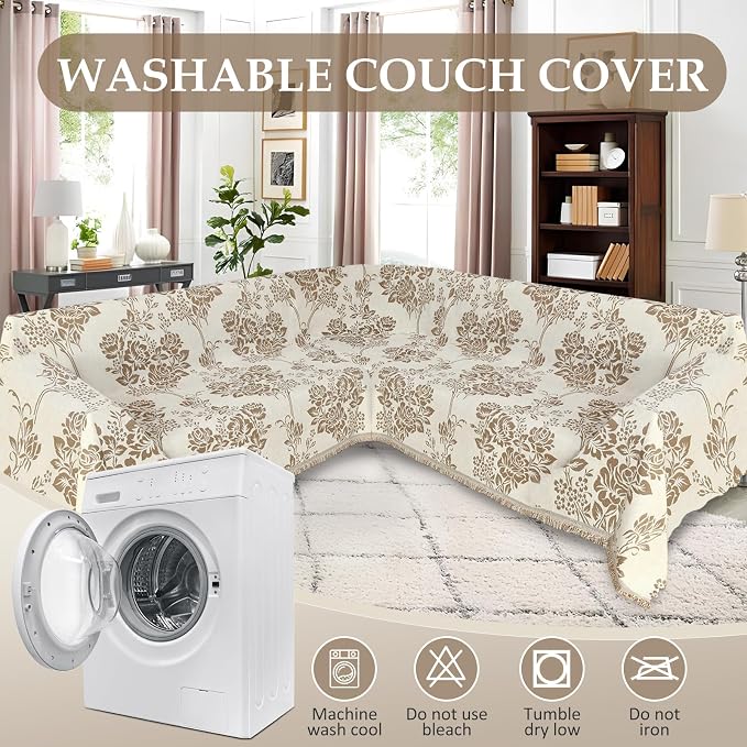 1OO% Waterproof Sectional Couch Covers for Dogs L Shaped Corner Sofa Cover Washable Chenille Sofa Slipcovers Blanket Modern Jacquard Pet Furniture Protector (91"x252", Khaki & Ivory White)