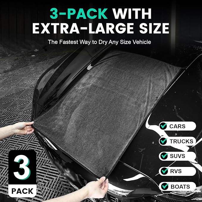 3 Pack Bulk Microfiber Towels for Cars, Microfiber Drying Towel, 35" x 24" | Extra-Large, Ultra-Absorbant Microfiber Drying Towel for Cars and Trucks, Super Absorbent Car Drying Towel, 600GSM