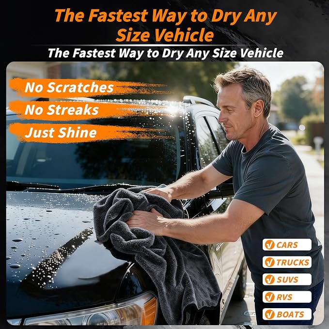 12 Pack Microfiber Car Towels, 24" x 16" Microfiber Cleaning Cloths 600 GSM | Thick Soft, Highly Absorbent, Quick Drying, Scratch-Free Detailing, Buffing, Polishing, Waxing for Cars Truck SUV RV Boat