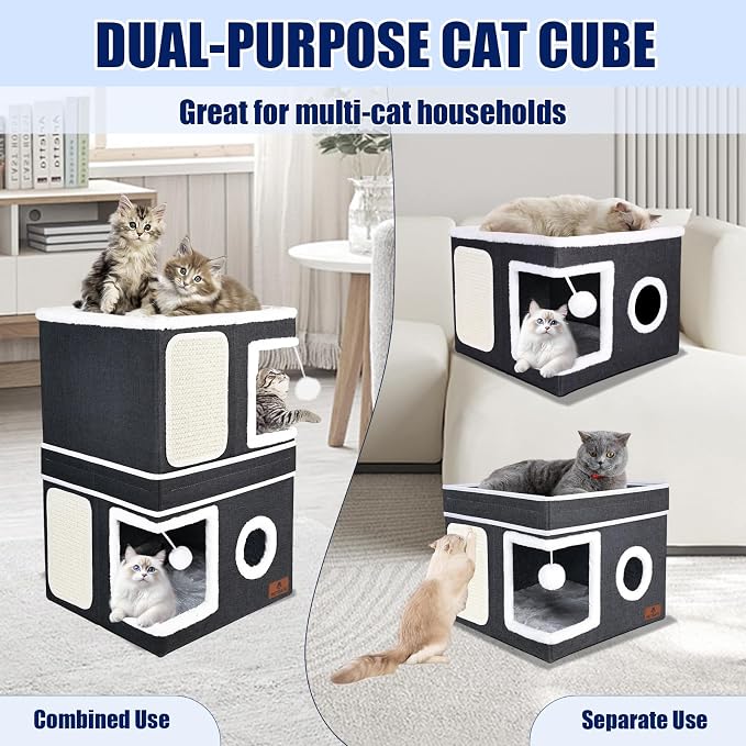 2-Story Cat House for Indoor Cats, Dual-Purpose Cat Cave Bed with Scratch Pad and Fluffy Ball, Foldable Cat Hideaway, Cute Cat Condo Furniture for Multi Small Pet Kitten, Dark Grey