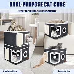 2-Story Cat House for Indoor Cats, Dual-Purpose Cat Cave Bed with Scratch Pad and Fluffy Ball, Foldable Cat Hideaway, Cute Cat Condo Furniture for Multi Small Pet Kitten, Dark Grey