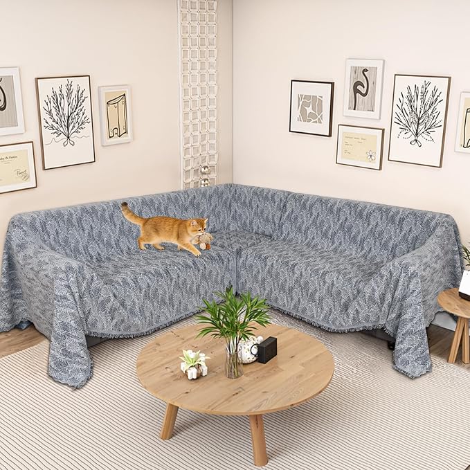 1OO% Waterproof Sectional Couch Covers for Dogs L Shaped Corner Sofa Cover Washable Chenille Sofa Slipcovers Blanket Modern Jacquard Pet Furniture Protector (91"x276", Navy Wave)