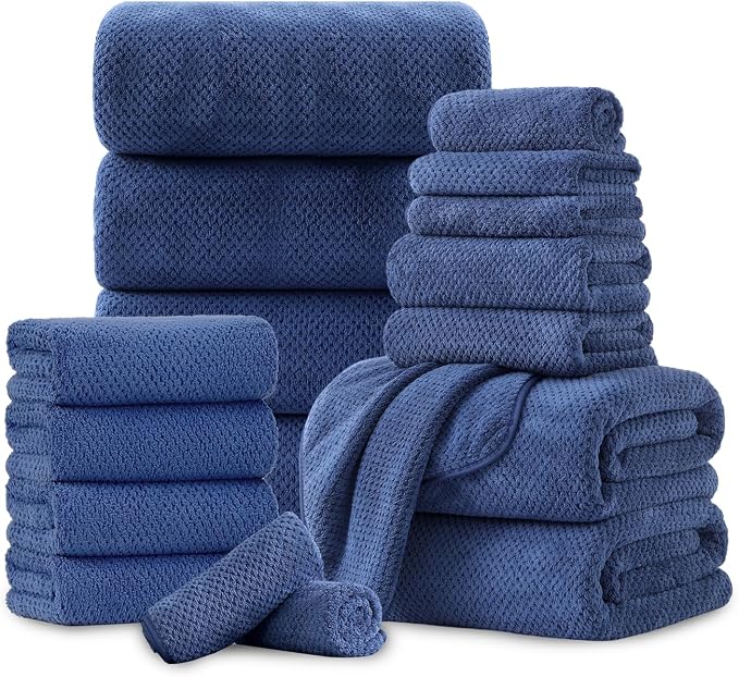18 Piece Microfiber Bath Towels Set - 6 Bath Sheets,6 Hand Towels And 6 Washcloths,Soft Family Towels,Highly Absorbent Bathroom Towel,Quick Dry Shower Towel Luxury Towels For Hotel Spa Dorm-Navy Blue