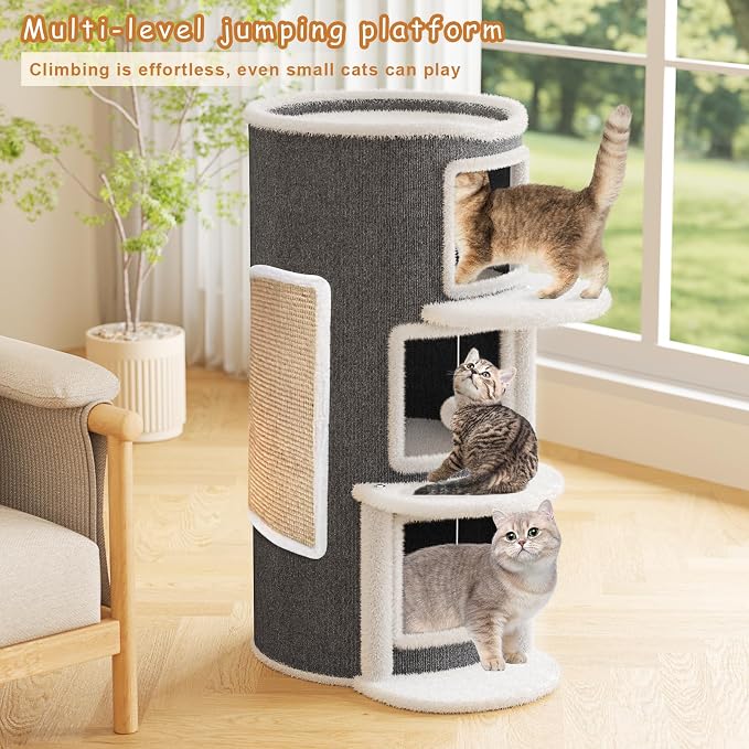 3-Storey Cat Beds for Indoor Cats House, Covered Beds & Furniture with Scratch Pad, Cat Hideaway Cave, Condo with Dangling Fluffy Balls for Multiple Kitten, Grey 15.75X15.75X35.43INCH