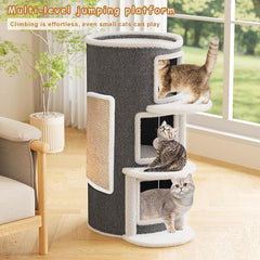 3-Storey Cat Beds for Indoor Cats House, Covered Beds & Furniture with Scratch Pad, Cat Hideaway Cave, Condo with Dangling Fluffy Balls for Multiple Kitten, Grey 15.75X15.75X35.43INCH