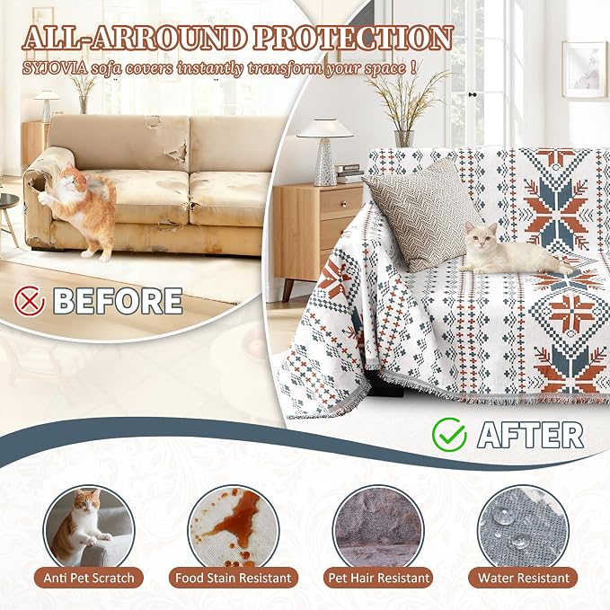 1OO% Waterproof Sectional Couch Covers for Dogs L Shaped Corner Sofa Cover Washable Chenille Sofa Slipcovers Blanket Modern Jacquard Pet Furniture Protector (91"x276", Boho Light Blue)
