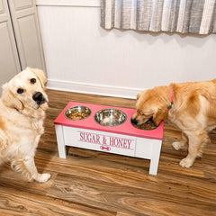 3 Bowl Dog Feeding Station, Personalized Triple Bowl Food Stand Large Dogs | Farmhouse Style, Elevated Wood Stand, Storage Container, Stainless Steel Bowls, Raised Feeder, Large Breed, Made in USA