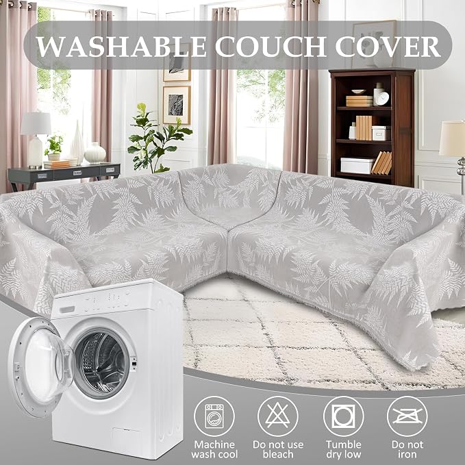 1OO% Waterproof Sectional Couch Covers for Dogs L Shaped Corner Sofa Cover Washable Chenille Sofa Slipcovers Blanket Modern Jacquard Pet Furniture Protector (91"x252", Light Gray Leaf)