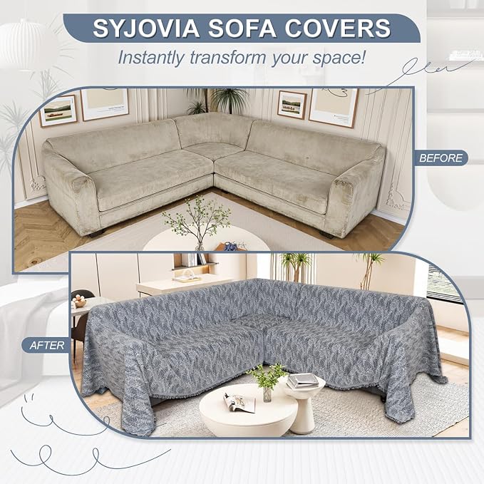 1OO% Waterproof Sectional Couch Covers for Dogs L Shaped Corner Sofa Cover Washable Chenille Sofa Slipcovers Blanket Modern Jacquard Pet Furniture Protector (91"x276", Navy Wave)