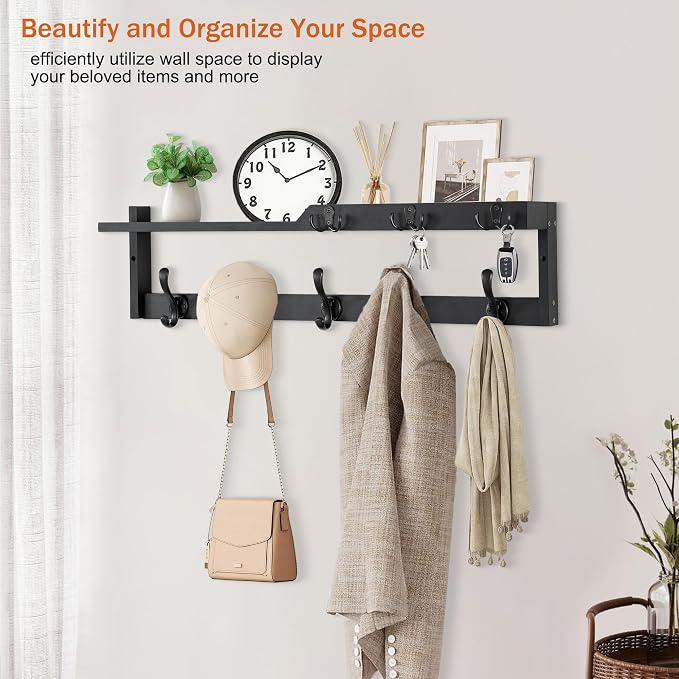 29'' Coat Rack Wall Mount with Shelf, Coat Hanger Wall Mount with Key Hooks and Mail Holder, Wood Entryway Floating Shelf with Hooks and Storage, Hat Rack for Wall Key Holder Mail Organizer