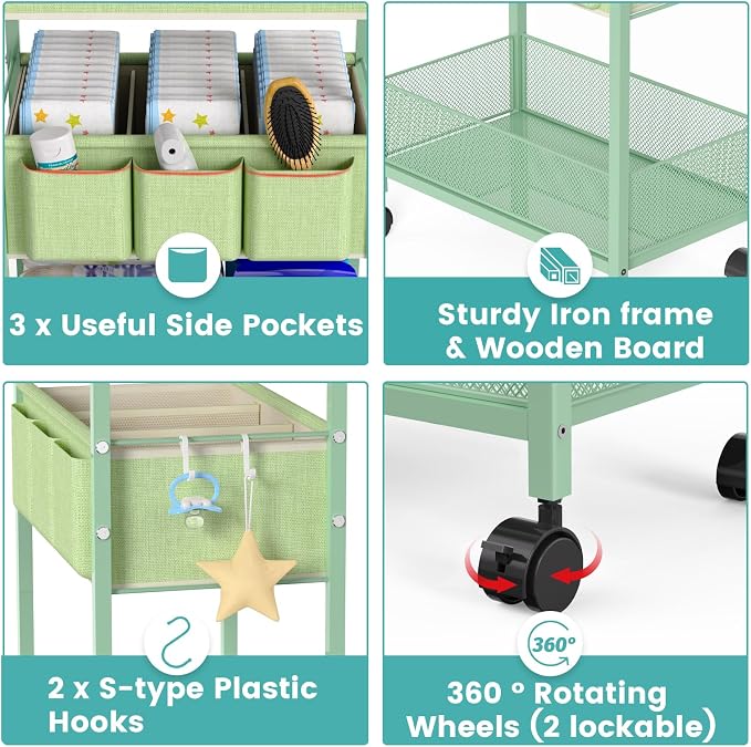2in1 Baby Diaper Caddy Organizer Cart, 3-Tier Rolling Cart, Metal Diaper Caddy Carts, Bedside Carts for Nursery Essentials Storage, Detachable Dividers, Large Capacity, Green