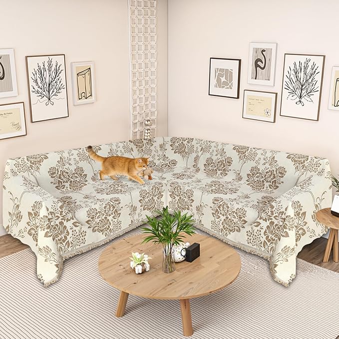1OO% Waterproof Sectional Couch Covers for Dogs L Shaped Corner Sofa Cover Washable Chenille Sofa Slipcovers Blanket Modern Jacquard Pet Furniture Protector (91"x276", Khaki Flower Shadow)