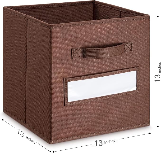 13x13x13 storage cube bins (Set of 10) Fabric storage cubes with 10 Labels Window Cards & a Pen, storage cubes 13x13, Collapsible 13 inch cube storage bins, Cubby Organizer Boxes, Brown