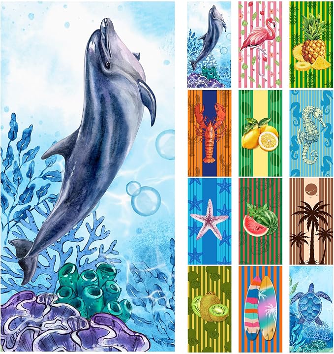 12 Pcs Oversized Microfiber Beach Towels Set 30 x 60 Extra Large Fiber Swim Pool Towel Absorbent Bath Blanket for Travel Vacation Accessories Gift Spa Soft Lightweight(Tropical)
