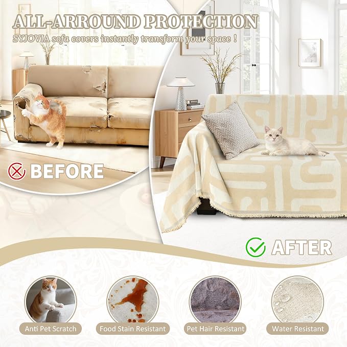 1OO% Waterproof Sectional Couch Covers for Dogs L Shaped Corner Sofa Cover Washable Chenille Sofa Slipcovers Blanket Modern Jacquard Pet Furniture Protector (91"x252", Boho Beige)