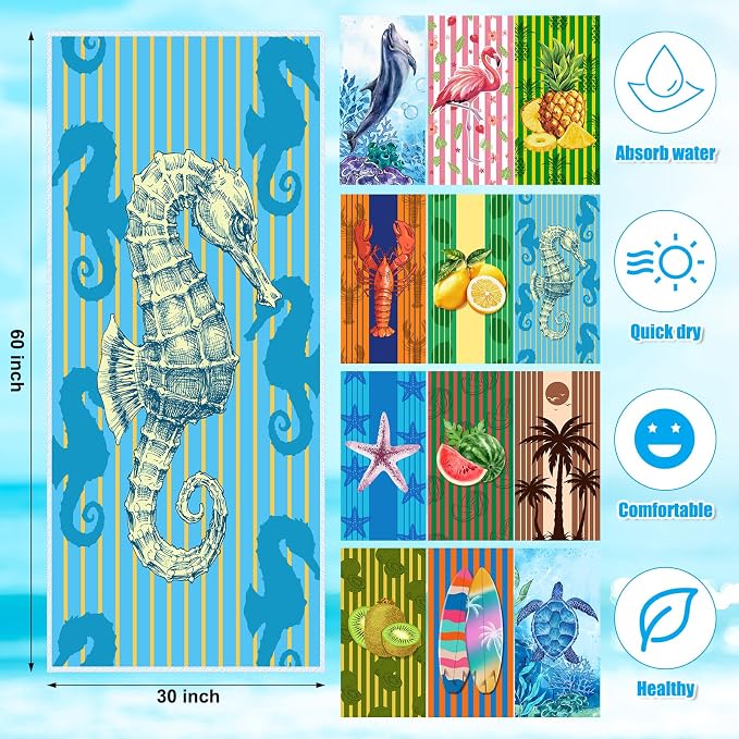 12 Pcs Oversized Microfiber Beach Towels Set 30 x 60 Extra Large Fiber Swim Pool Towel Absorbent Bath Blanket for Travel Vacation Accessories Gift Spa Soft Lightweight(Tropical)