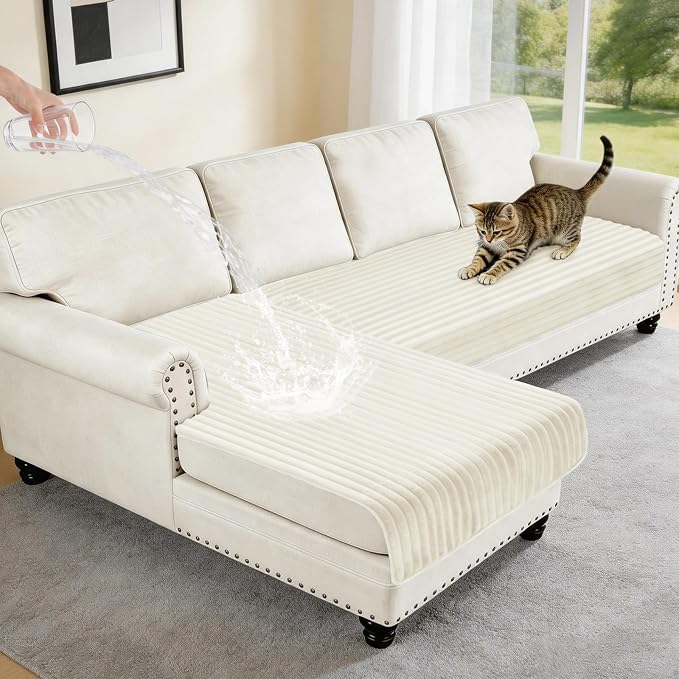 100% Waterproof Couch Covers for Sectional Sofa, Washable Couch Cover, L Shaped Couch Cover for Dogs, Non Slip 2 Pieces Sofa Cover Pet Friendly, 35"x63"+35"x70.9"- Off-White