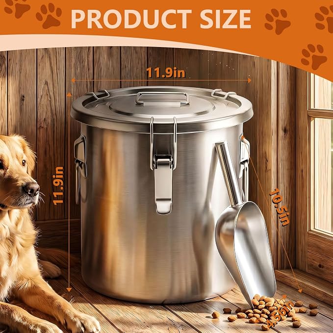 20LB Stainless Steel Dog Food Storage Container with Lid & Scoop, Large Dog Food Storage Container for Dry Pet Food, Metal Dog Food Container, Pet Food Storage Container for Kibble