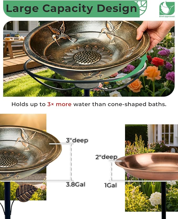 13" Metal Bird Bath for Outside – Hummingbird Embossed Garden Birdbath Bowl with Stake | Adjustable Height Outdoor Bird Bath, Removable Bowl, Rust Resistant Yard Lawn Decor