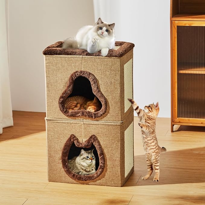 2-Tier Cat House for Indoor Cats Bed, Covered Cat Beds with Hideaway Cave and Scratch Pad, Foldable Modern Cat House for Multi Small Pet Large Kitten Kitty